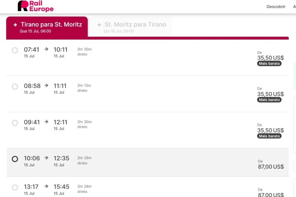 Verifique os Horários. O Bernina Express costuma ser o de valor mais caro.