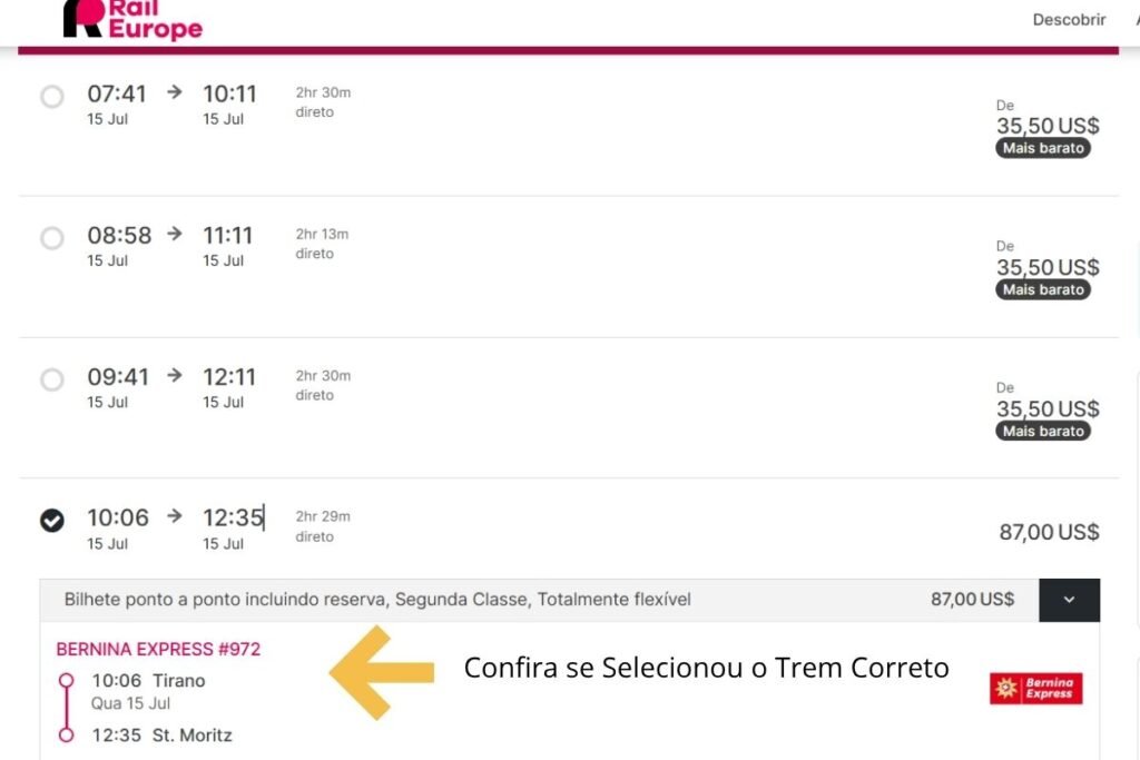 Confira se o trem selecionado é o Bernina Express